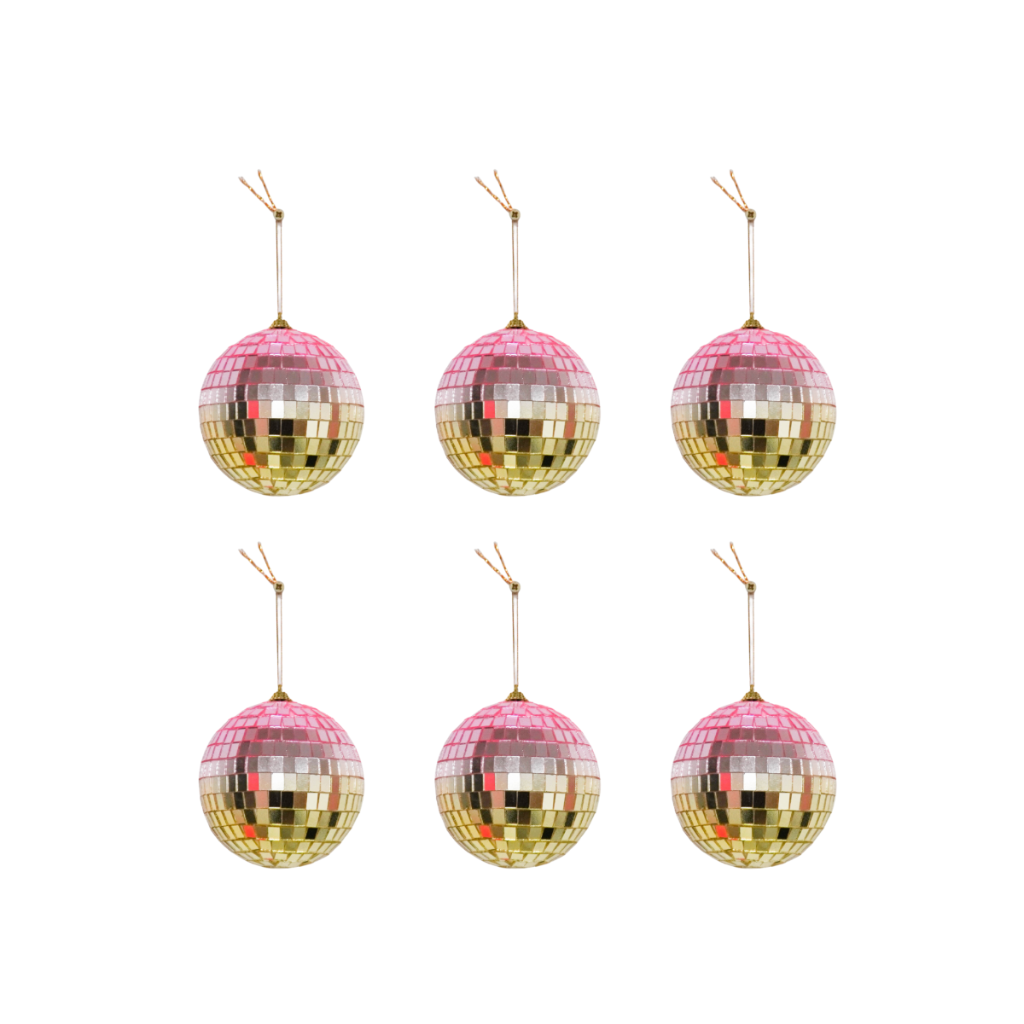 Set of six disco balls with pink and gold reflective surfaces on a white background