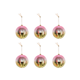 Set of six disco balls with pink and gold reflective surfaces on a white background
