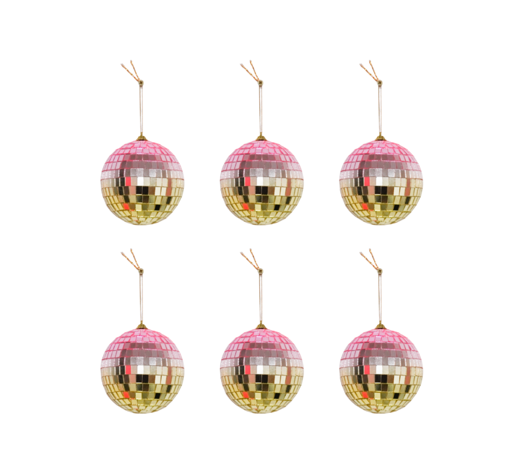 Set of six disco balls with pink and gold reflective surfaces on a white background