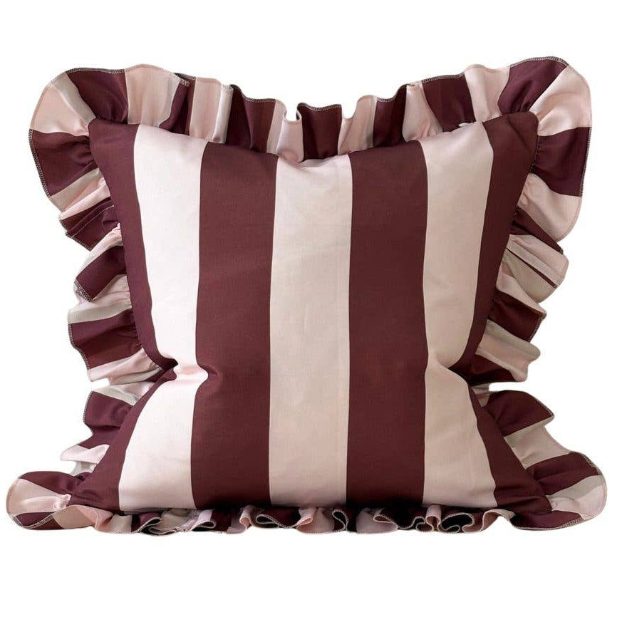 Striped pillow with ruffled edges on a white background