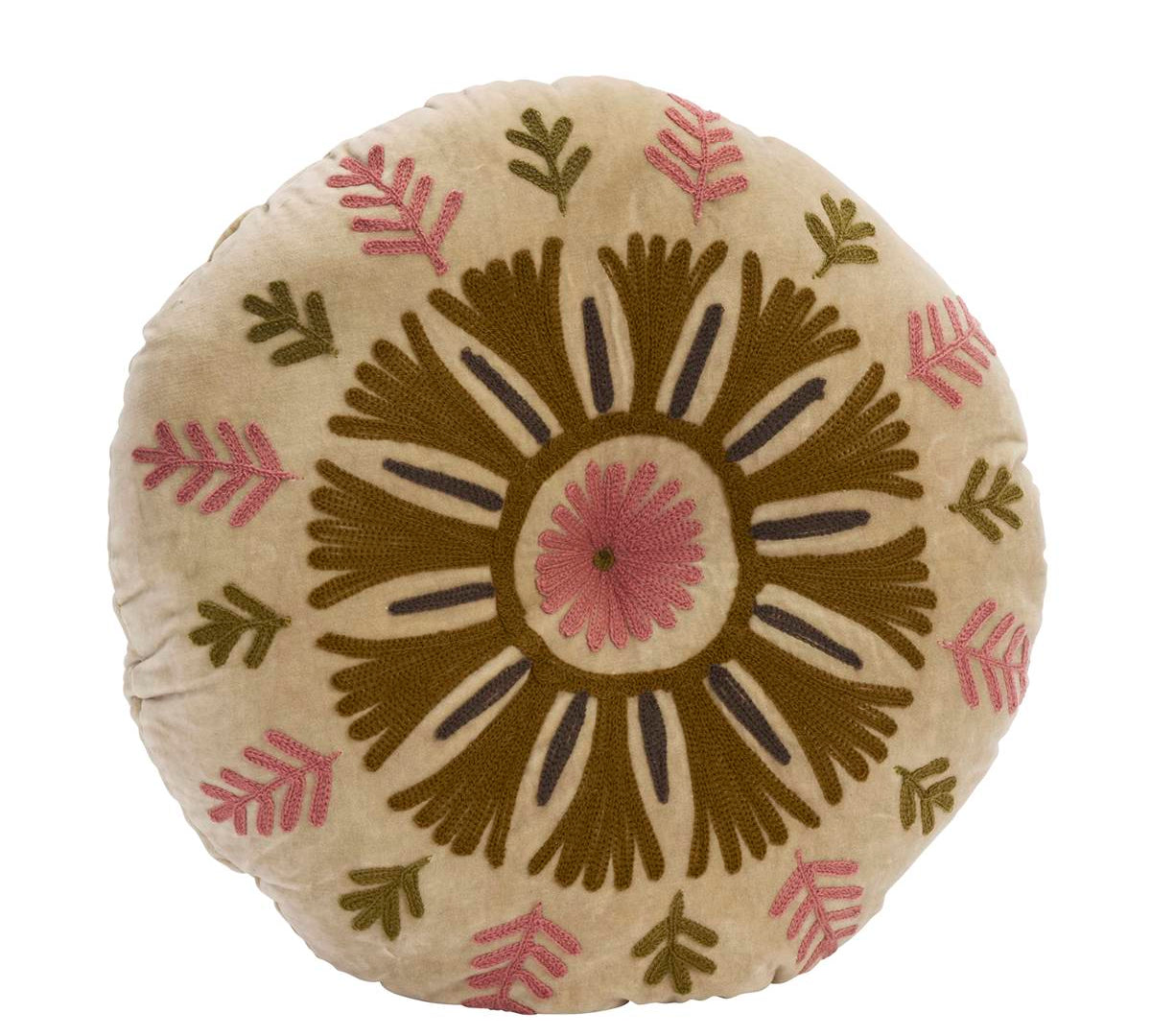 A round decorative Suzani throw pillow with a hand-embroidered geometric and floral pattern in olive green, dusty pink, and dark brown on a cream-colored velvet fabric, shown against a plain white background.