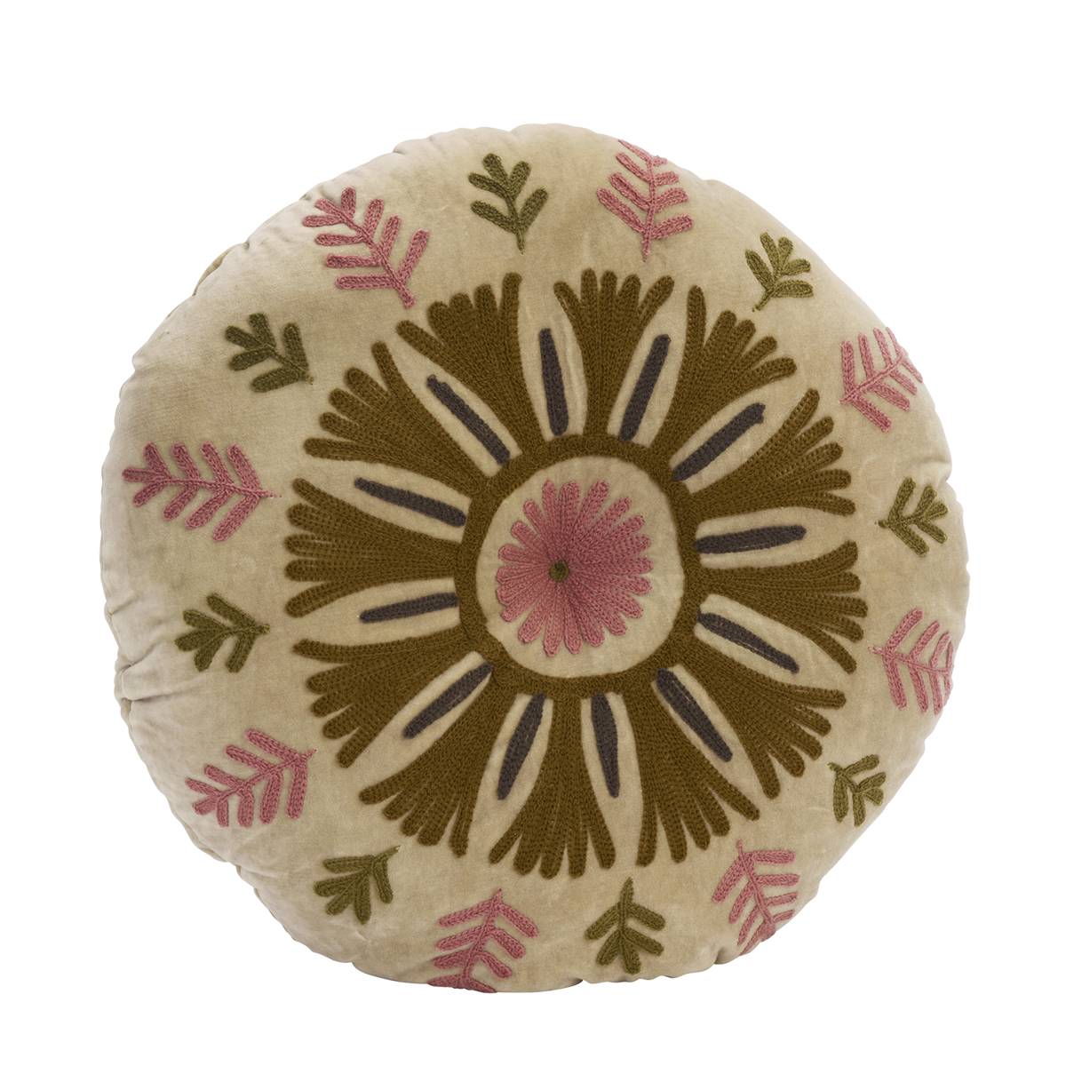 A round decorative Suzani throw pillow with a hand-embroidered geometric and floral pattern in olive green, dusty pink, and dark brown on a cream-colored velvet fabric, shown against a plain white background.