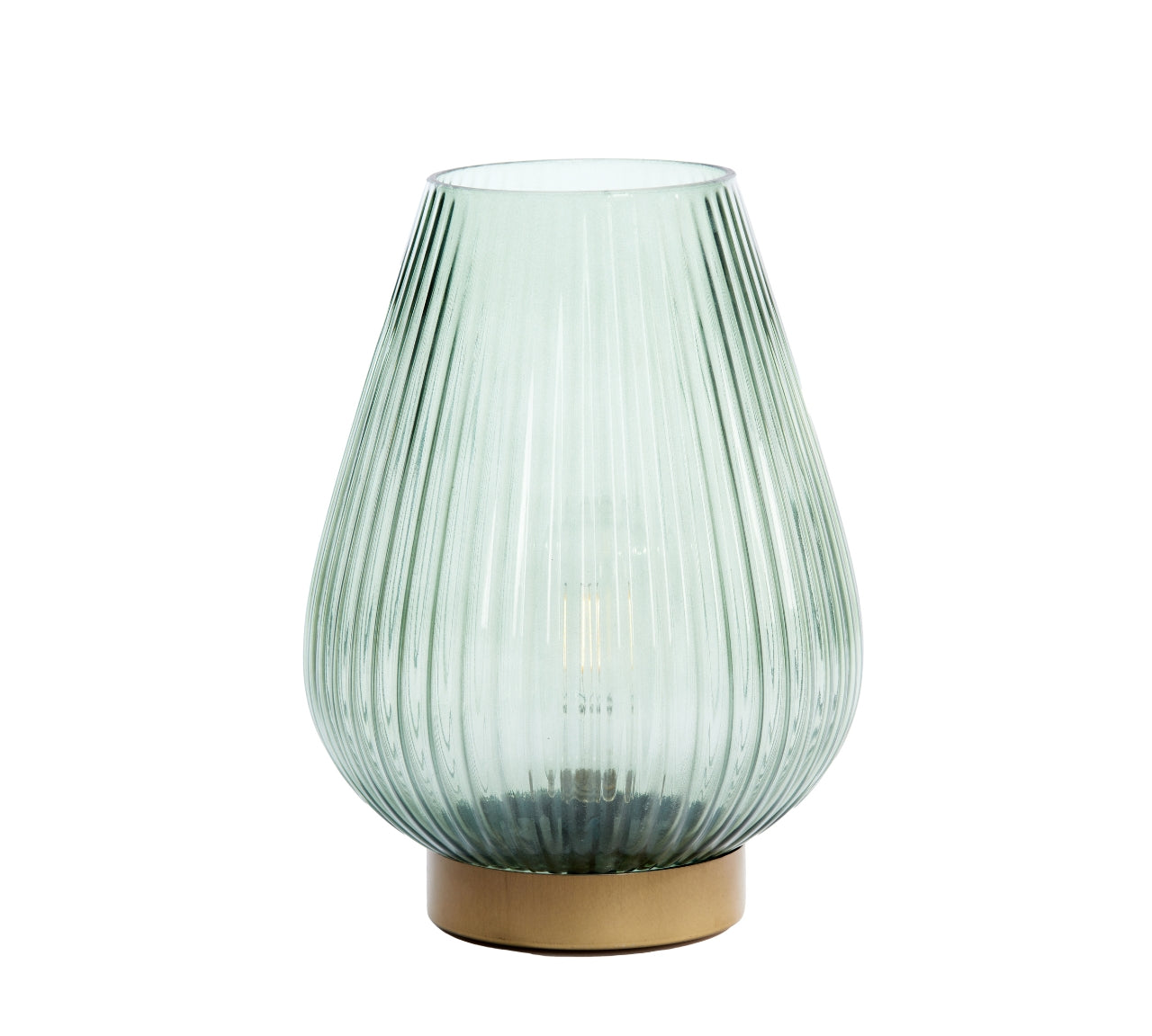 Green glass LED table lamp with gold base on a white background