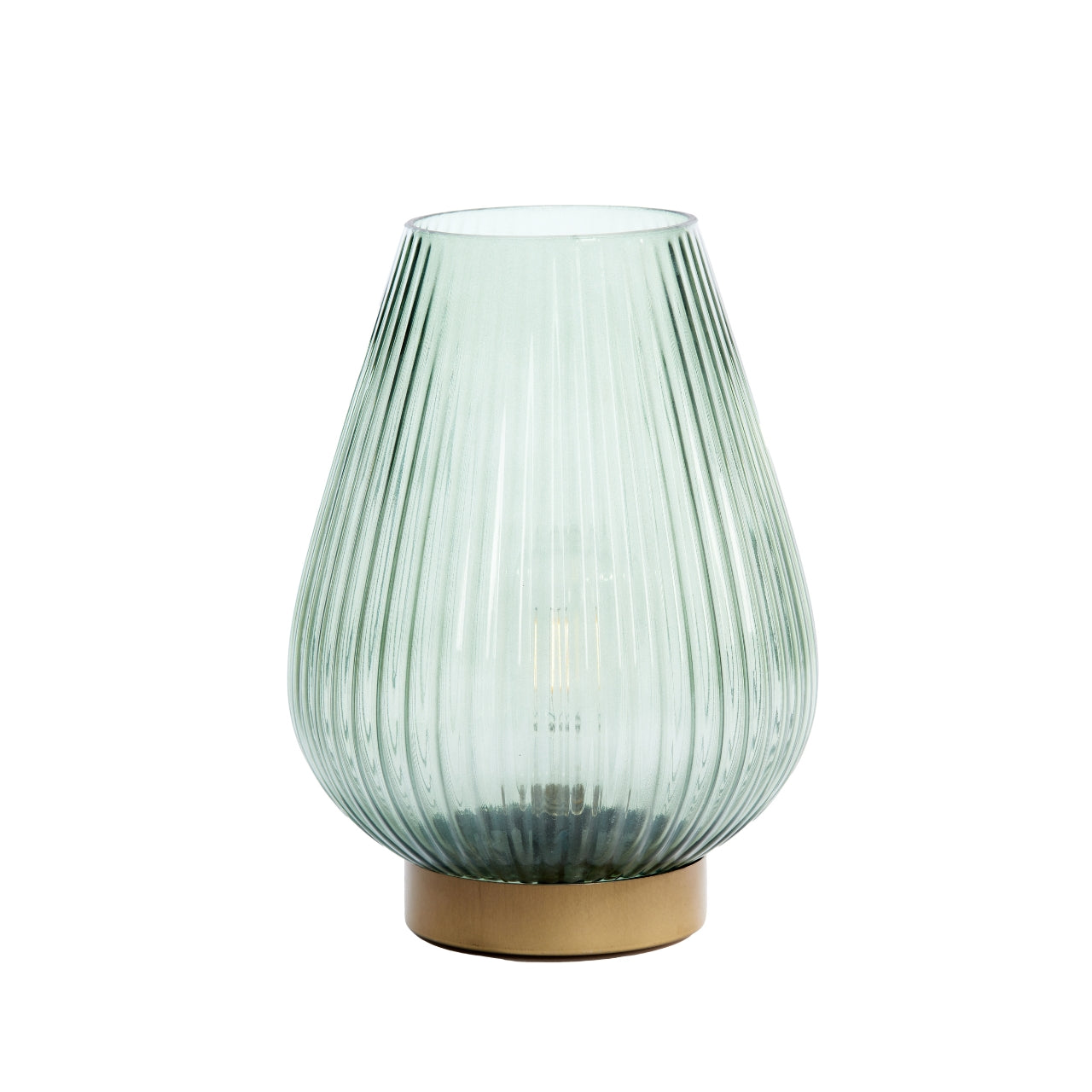 Green glass LED table lamp with gold base on a white background