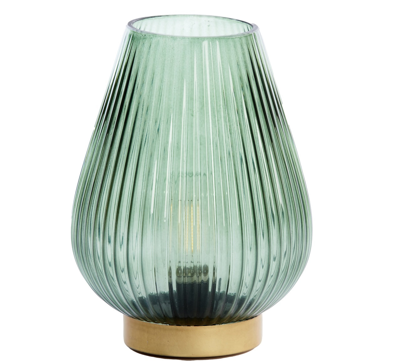 Green glass table lamp with ribbed design and gold base on a white background