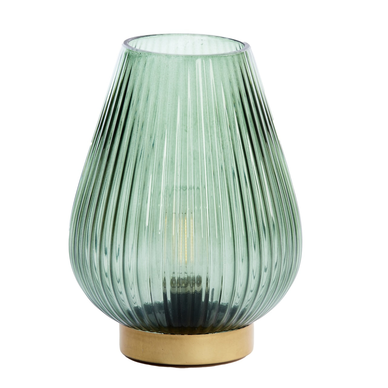 Green glass table lamp with ribbed design and gold base on a white background