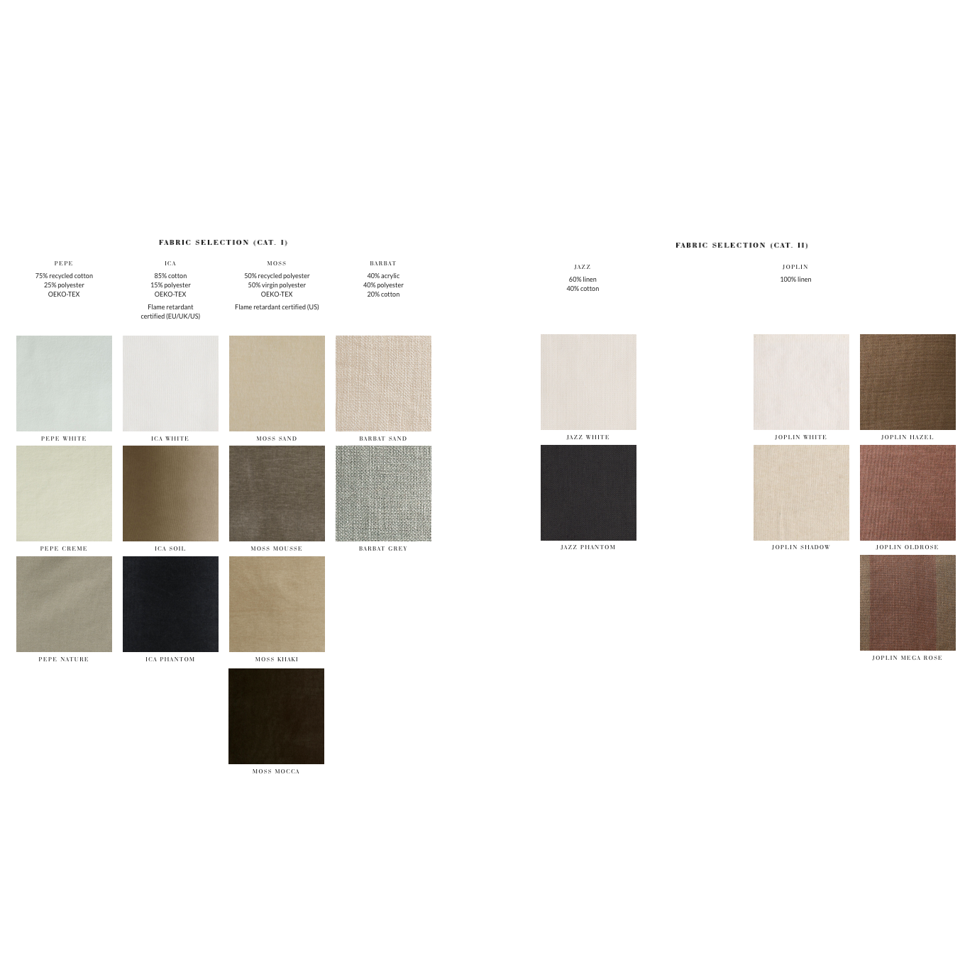 Fabric color swatch chart with various neutral tones on a white background