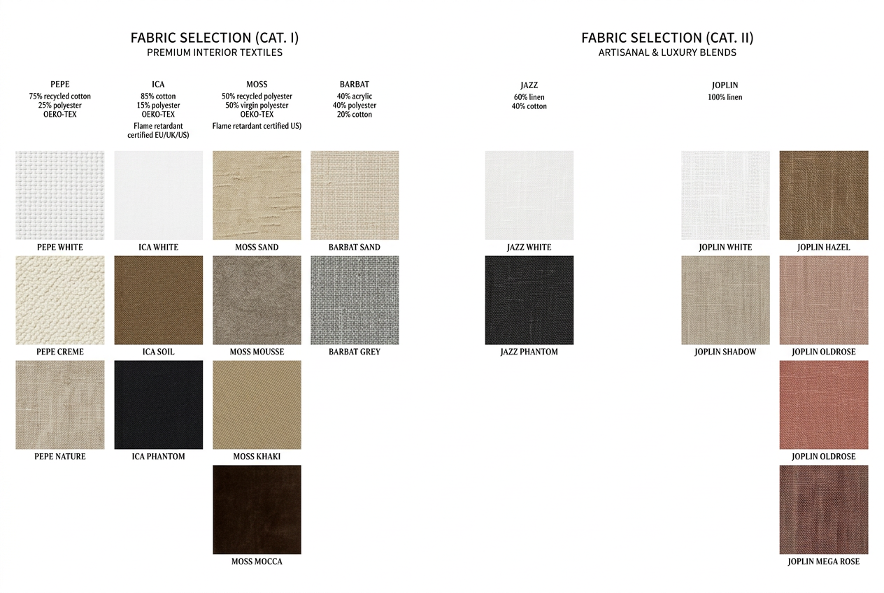 Fabric color swatch chart with various neutral tones on a white background