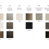 A fabric color and material swatch chart showing multiple textured swatches labeled with names such as Joplin, LIPA, JAZZ, ICA, PEPE, MOSS, shadow, nature, white, taupe, phantom, sand, mousse, hazel, and mocha, with material percentages above each swatch on a white background.
