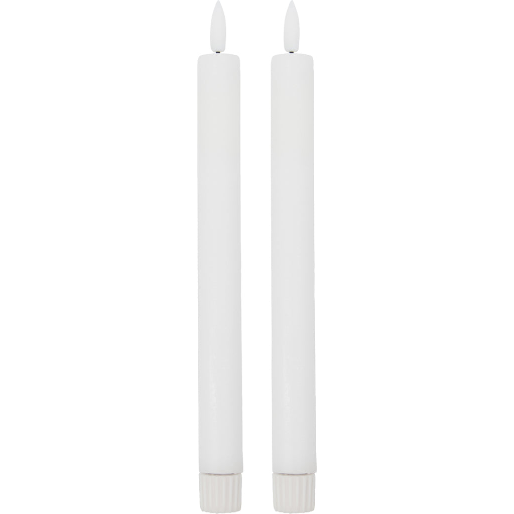 Two white LED candles on a white background
