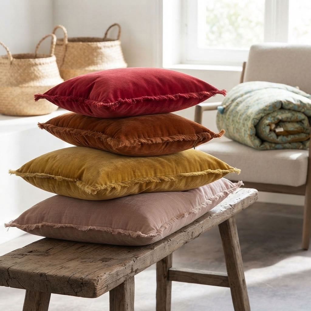 Four velvet throw pillows in stacked colors of red, orange-brown, mustard yellow, and dusty pink, resting on a rustic wooden stool in a bright, modern room.