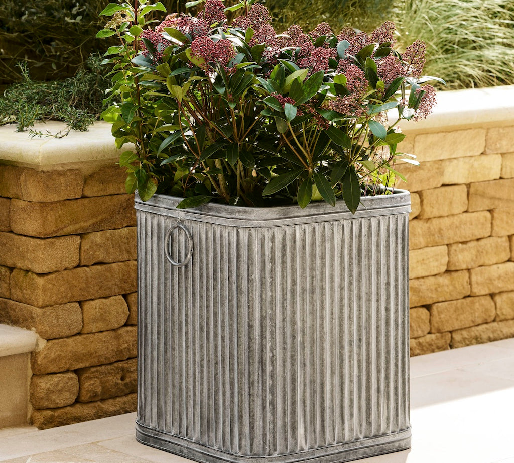 Decorative metal planter with a plant against a stone wall.