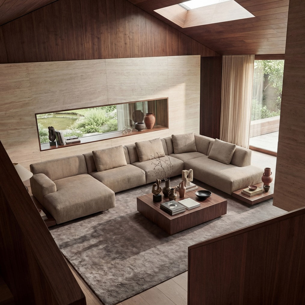 A modern sectional sofa in a warm beige fabric, arranged in an L-shape within a contemporary minimalist living room featuring wood paneling, a large textured gray rug, and a low wooden coffee table.