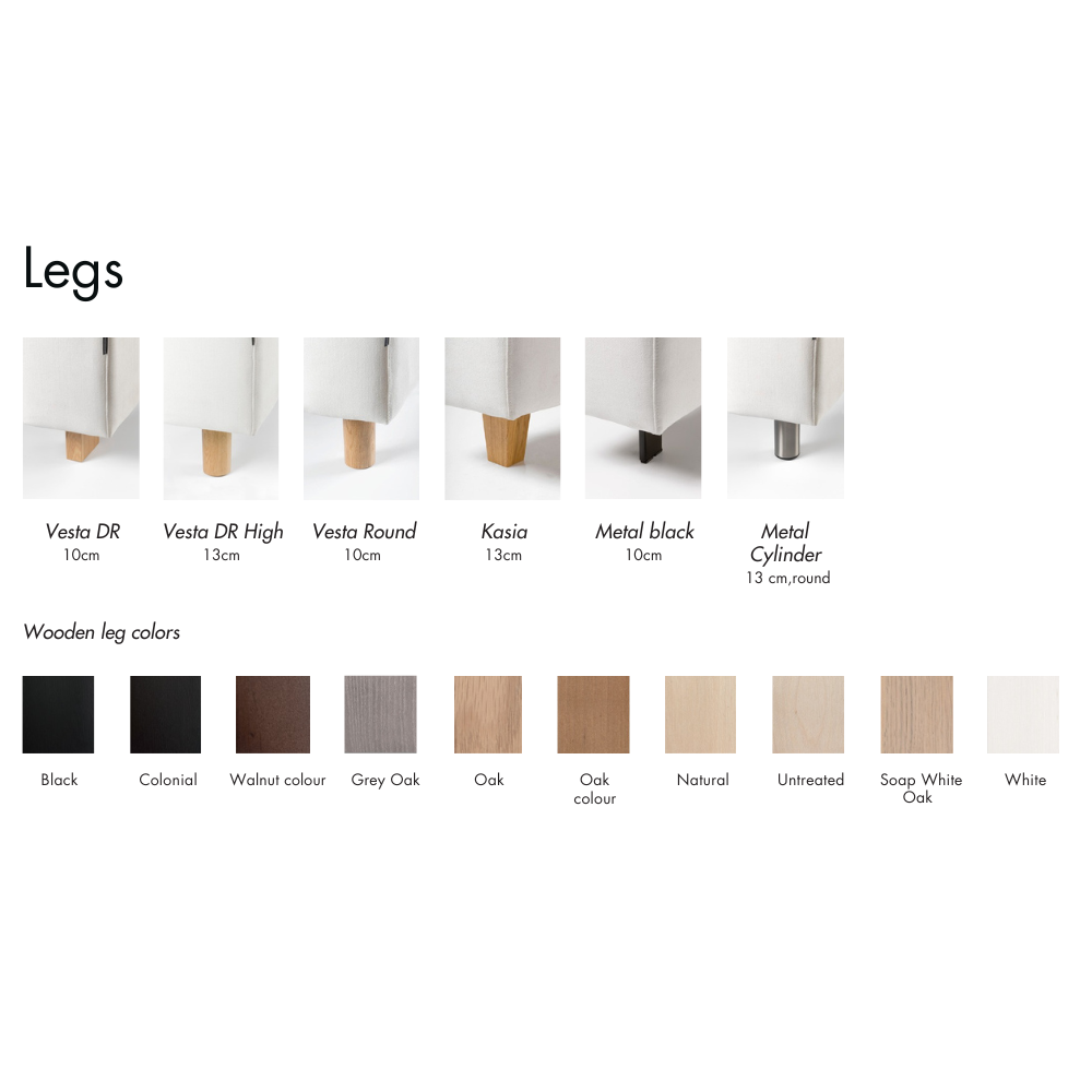 Color swatches for furniture legs with various finishes and heights.