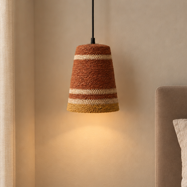 A woven pendant light with horizontal terracotta, beige, and mustard-yellow stripes hangs over a bed in a softly lit bedroom.