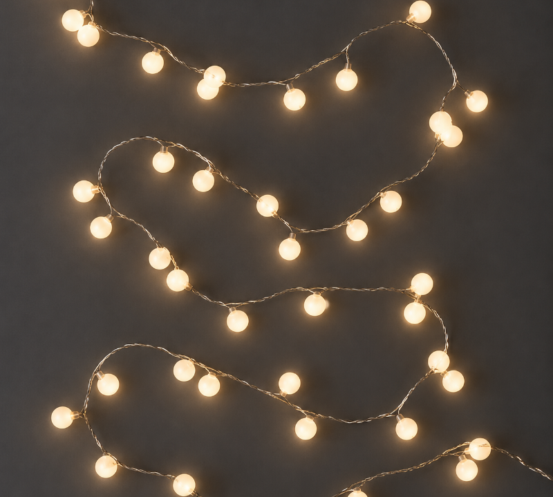 Warm white Snowberry LED string lights with small round globe bulbs draped in curved lines against a dark gray background.