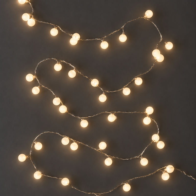 Warm white Snowberry LED string lights with small round globe bulbs draped in curved lines against a dark gray background.