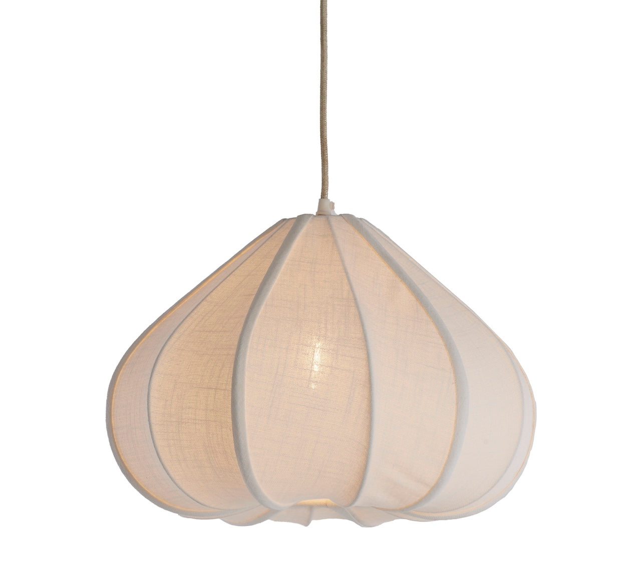 white fabric pendant lamp with a white background