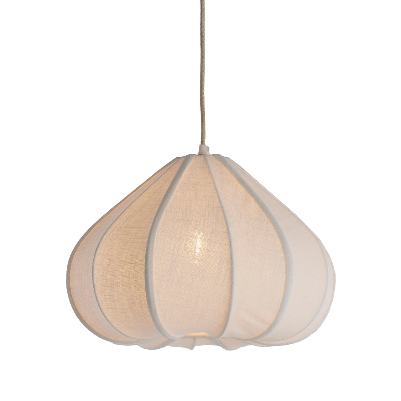 white fabric pendant lamp with a white background