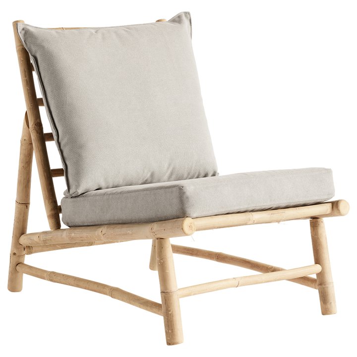 Chair with light wooden frame and gray cushions on a white background