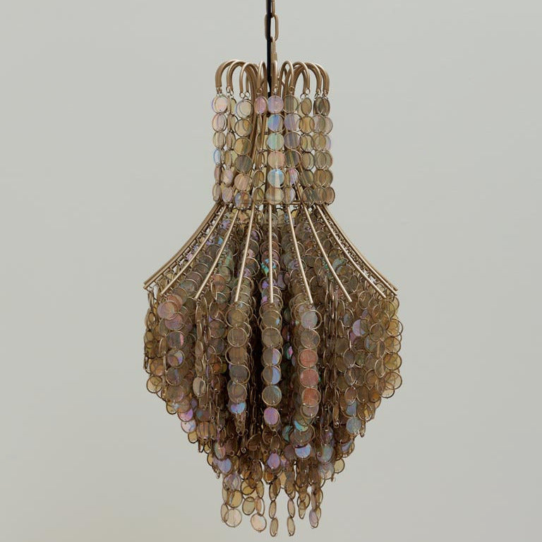 Decorative chandelier with beaded design on a plain background
