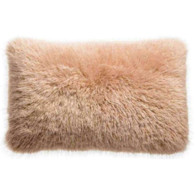 A rectangular fluffy faux fur pillow in a soft dusty beige color, shown against a plain white background.