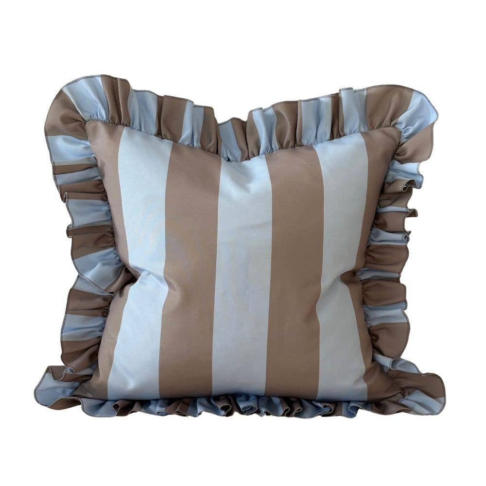 Striped outdoor cushion with ruffled edges on a white background