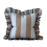 Striped outdoor cushion with ruffled edges on a white background