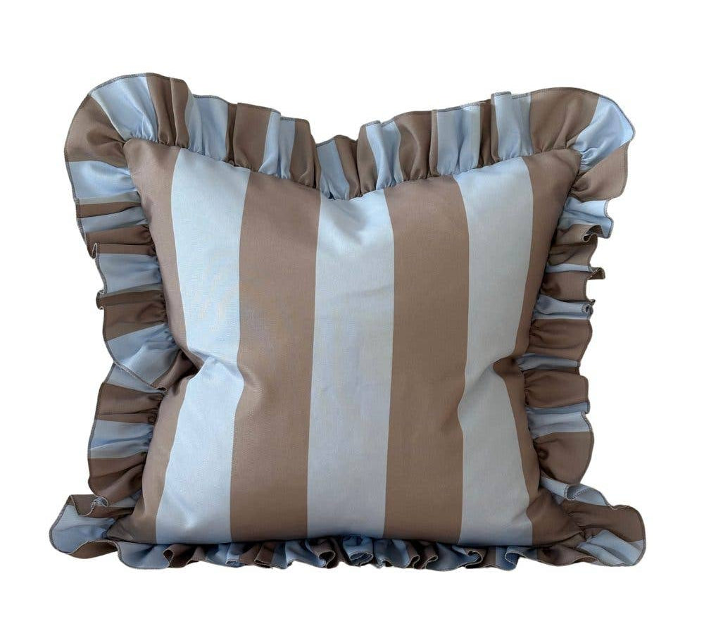 Striped outdoor cushion with ruffled edges on a white background