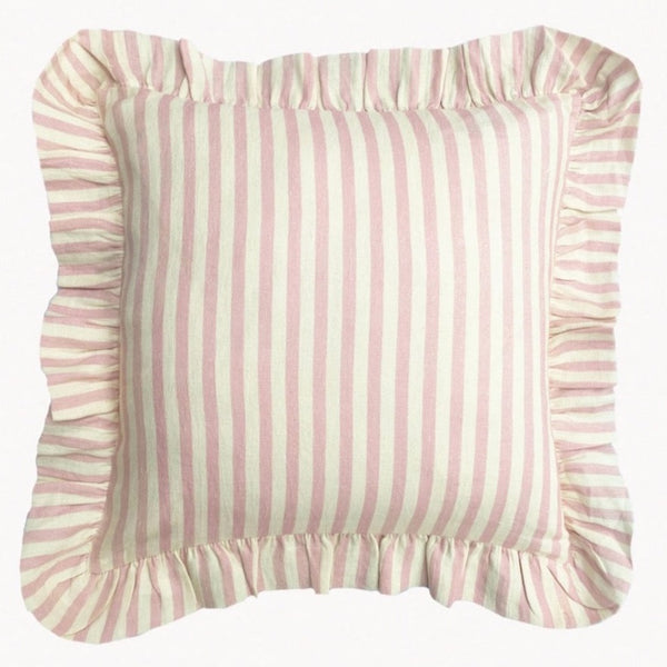 pink and white stripe ruffle cushion