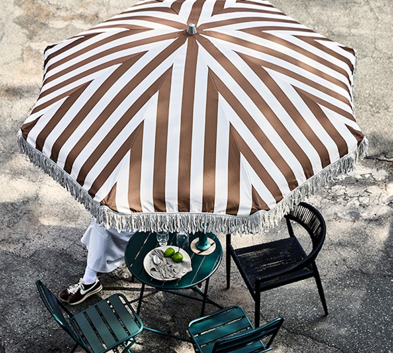 brown and white striped garden umbrella