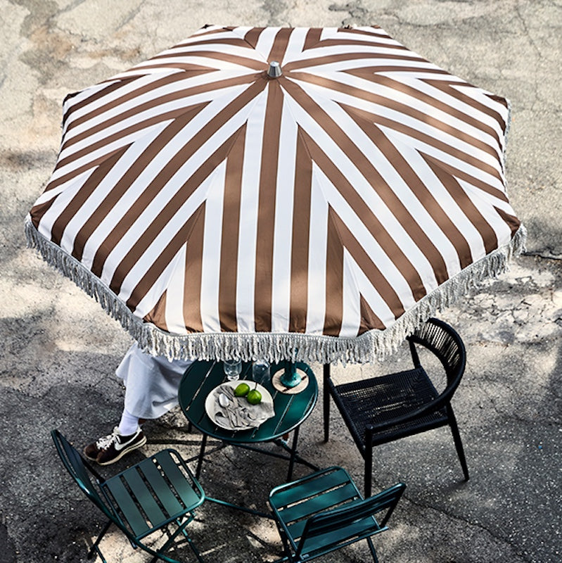 brown and white striped garden umbrella