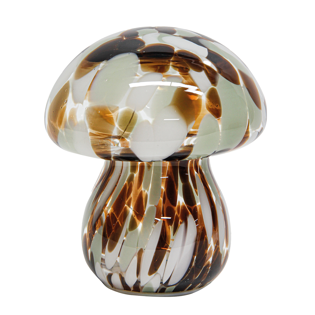 Glass mushroom lamp with brown and white pattern on a white background