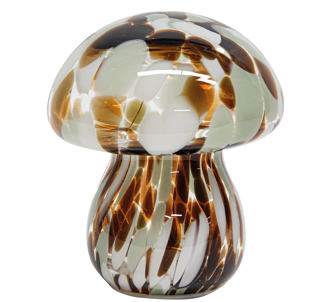 Glass mushroom lamp with brown and white pattern on a white background