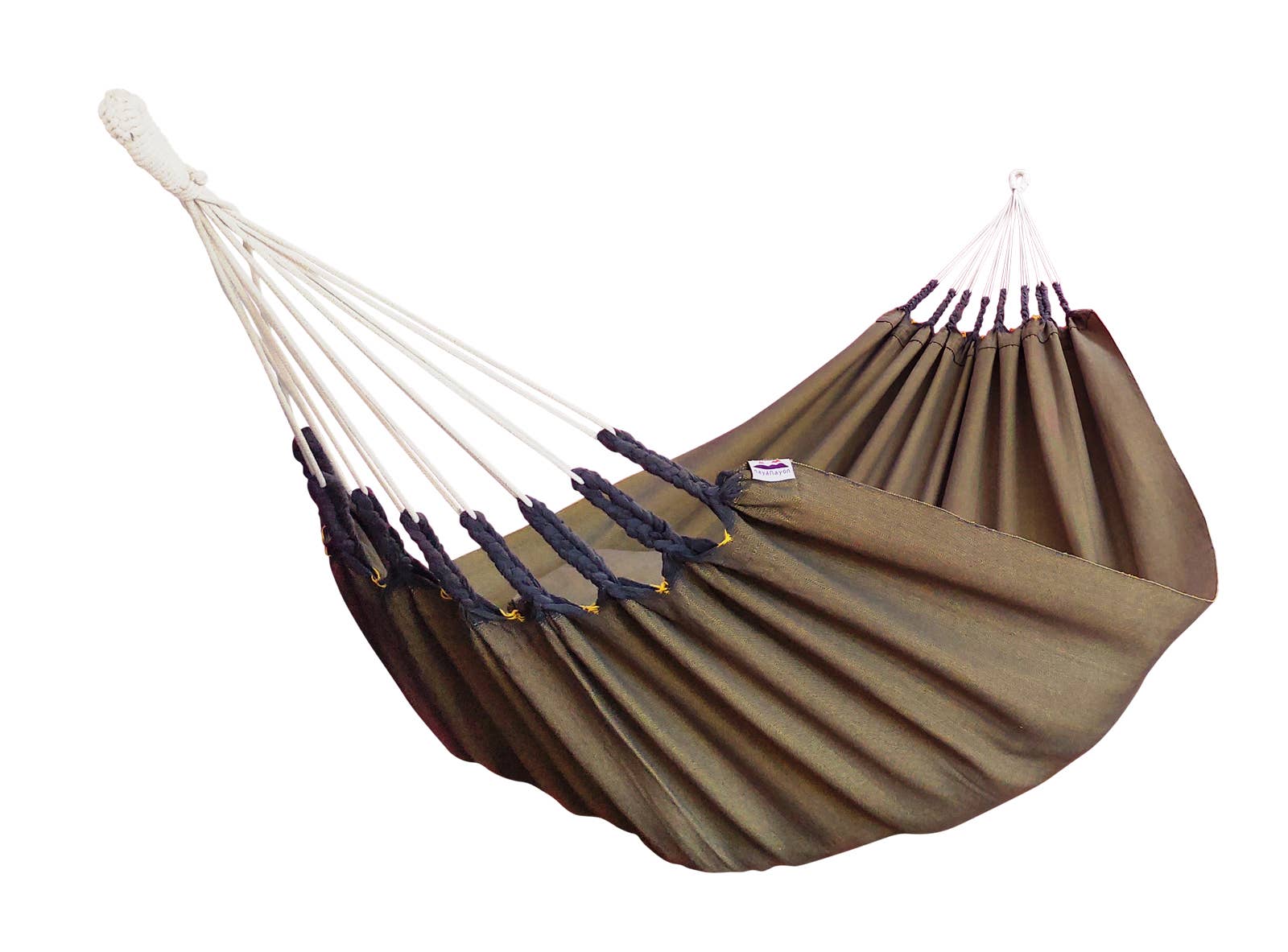 Brown hammock with white ropes on a white background