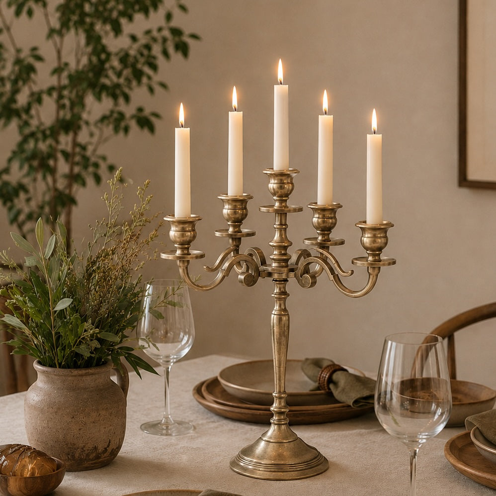 Decorative table setting with a brass candelabra holding lit candles, surrounded by glasses and a plant.