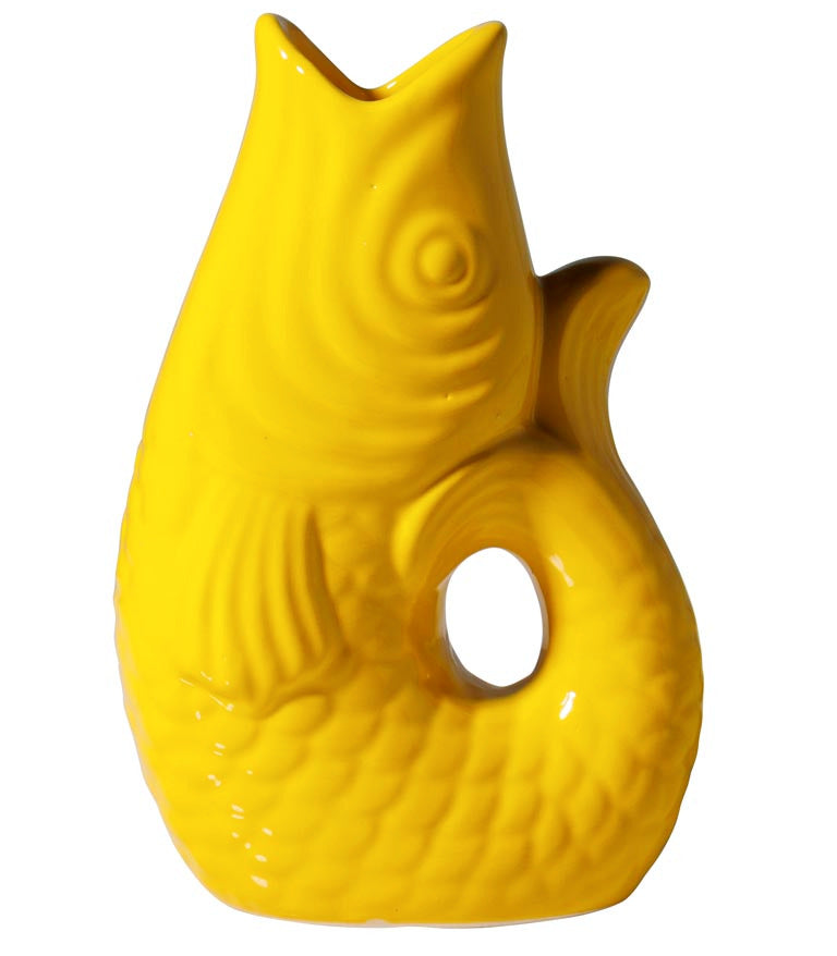 Yellow ceramic fish-shaped vase on a white background