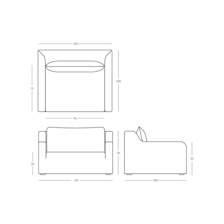 Line drawing of a chair with dimensions labeled
