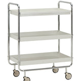 Three-tier metal cart with white shelves on a white background