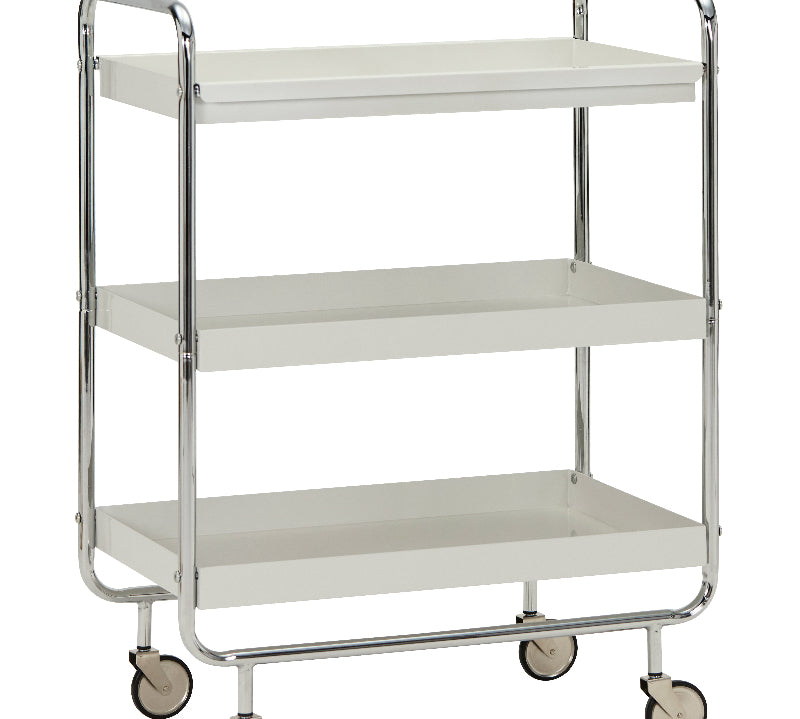 Three-tier metal cart with white shelves on a white background