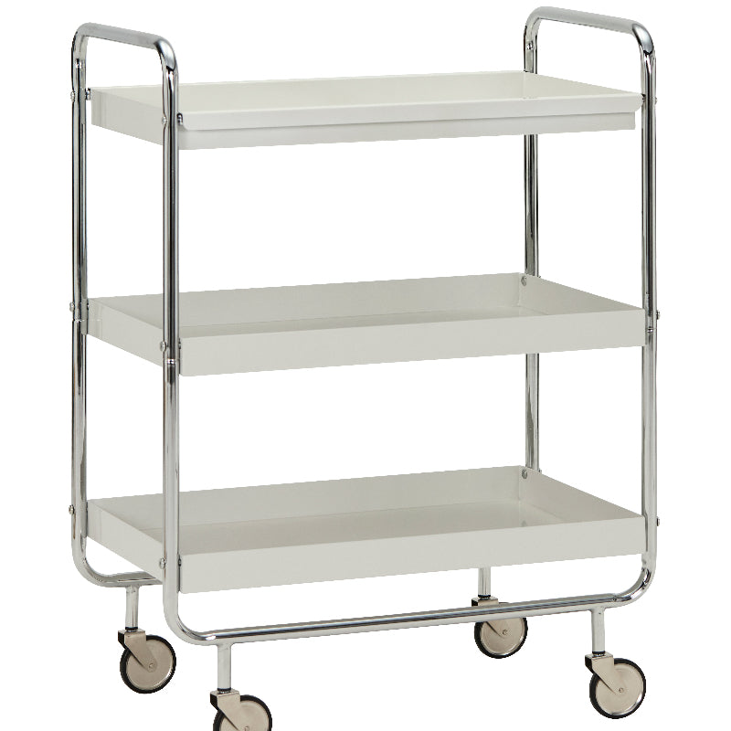 Three-tier metal cart with white shelves on a white background