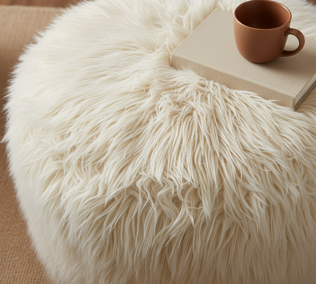 A close-up of a fluffy faux fur rug in a warm cream or light beige color, styled with a book and a cup in the corner.