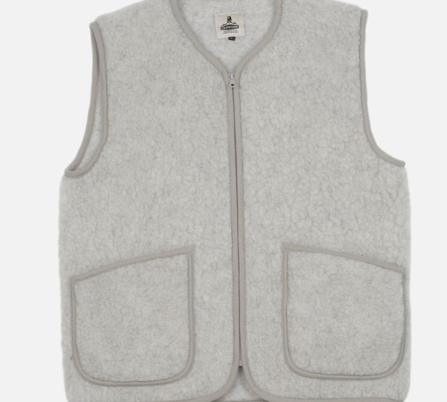 Gray fleece vest with two front pockets on a white background