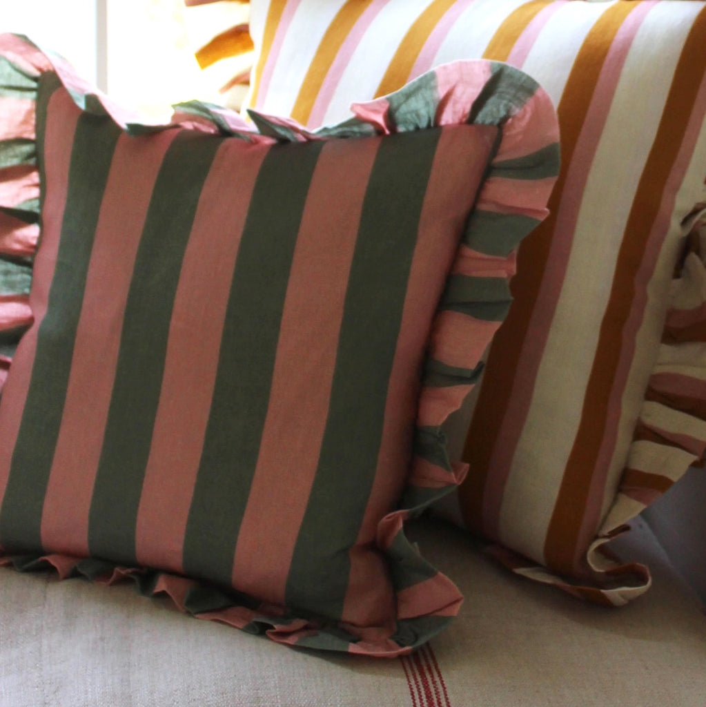 Sage and Blush Striped Ruffle Cushion by Amuse la bouche