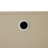Beige cabinet with a circular black hole on a white background