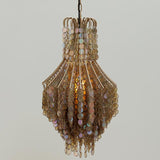 Decorative pendant light with beaded design on a plain background