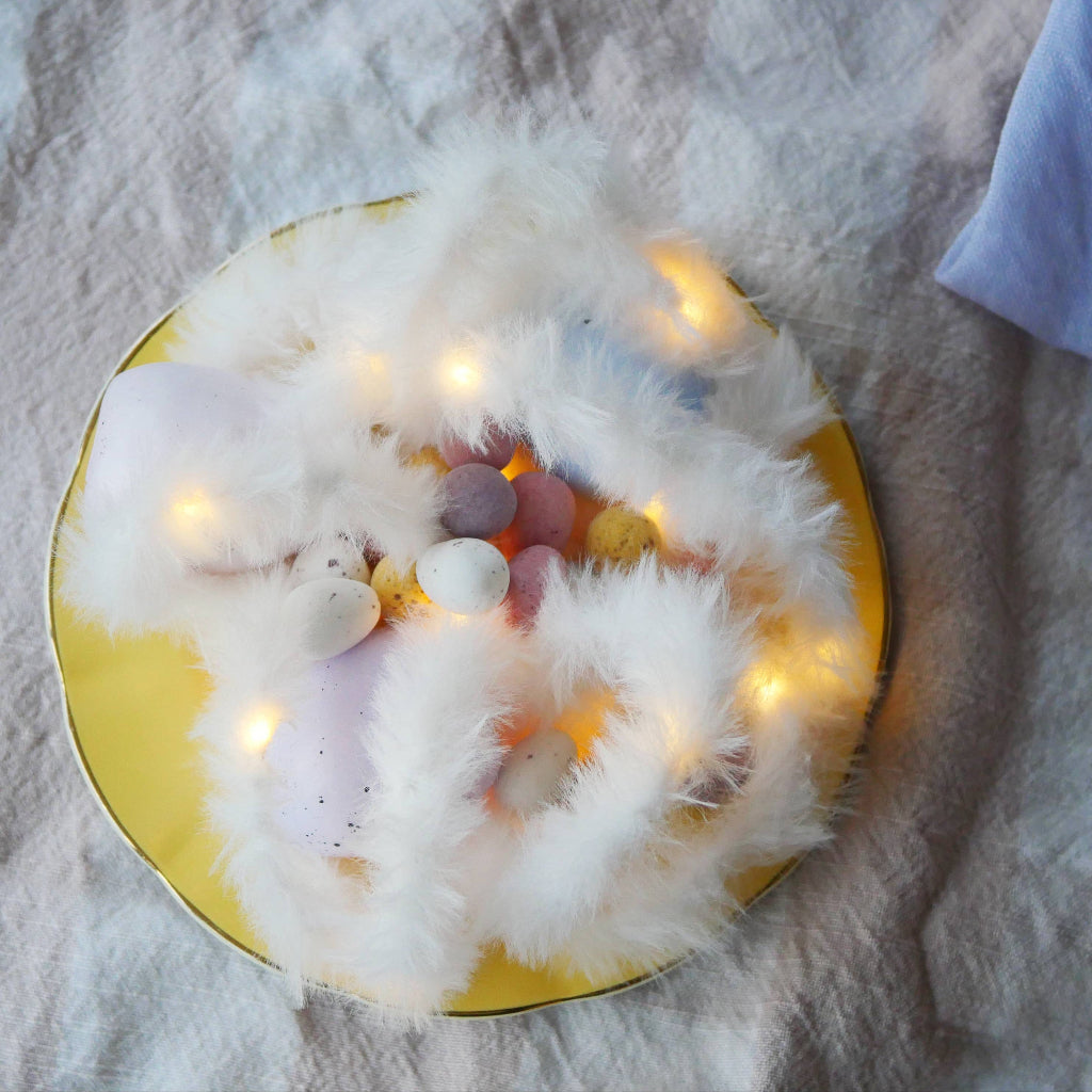 Decorative plate with white feather fairy lights