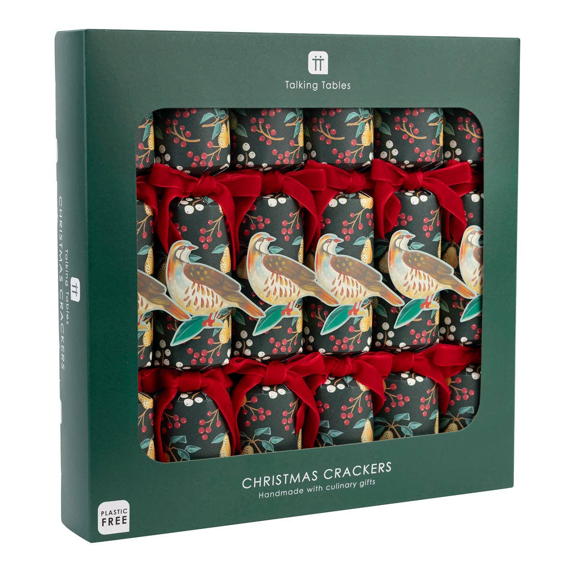 Pack of Christmas crackers with bird design in a green box, featuring the brand 'Talking Tables'.