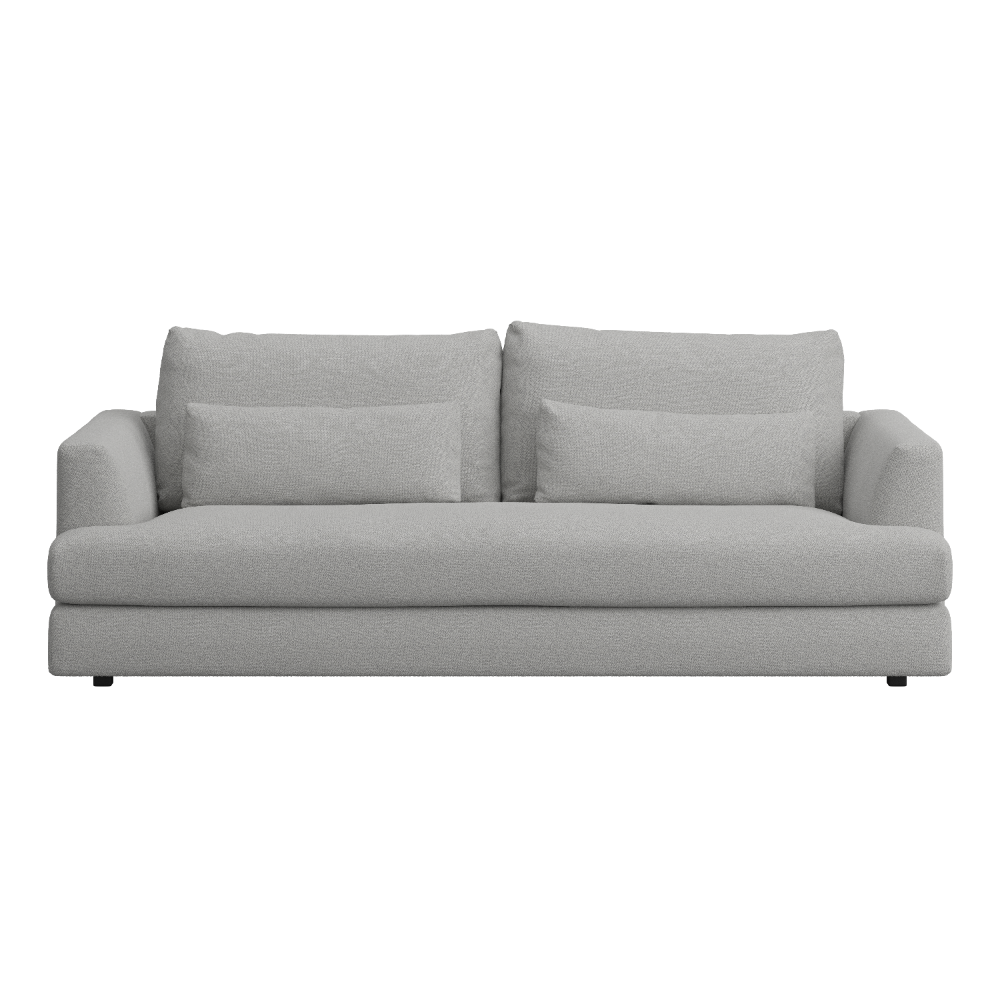 Gray sofa with two cushions on a white background