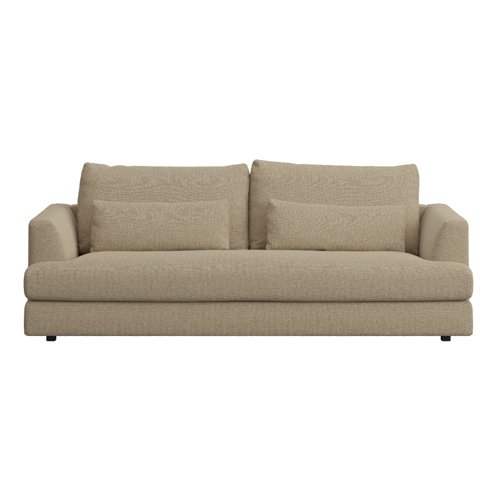 Beige sofa with two cushions on a white background